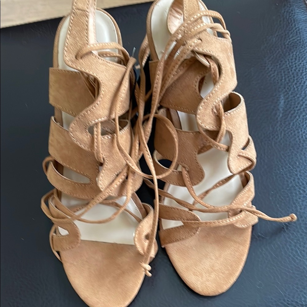 Forever 21 Tan Suede Heels with Strappy Design 3” heels